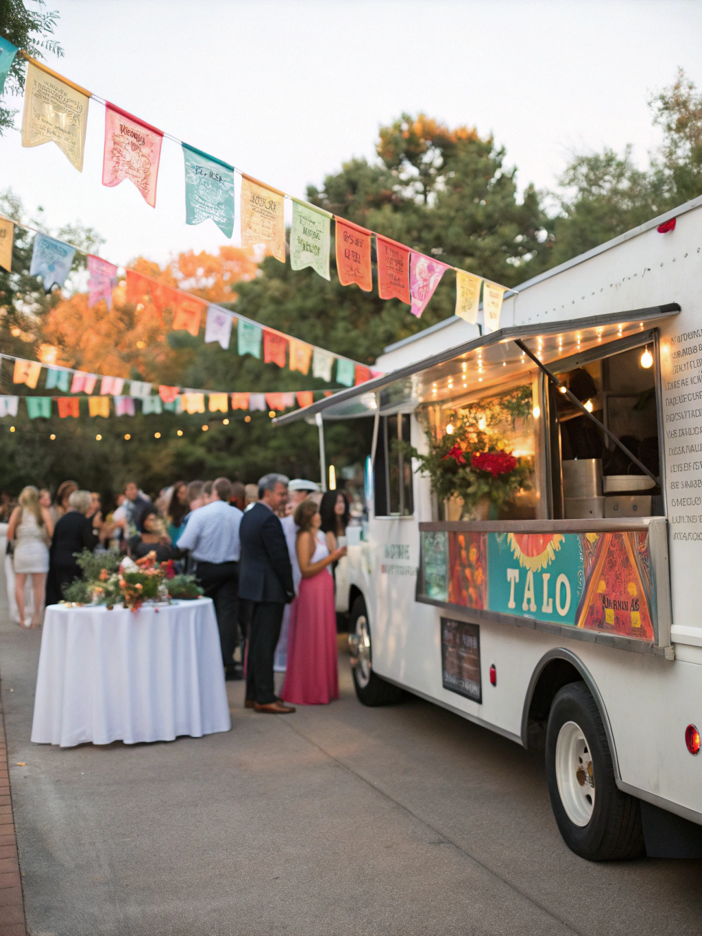Rolling Tacos truck surrounded by a high-energy crowd at a wedding